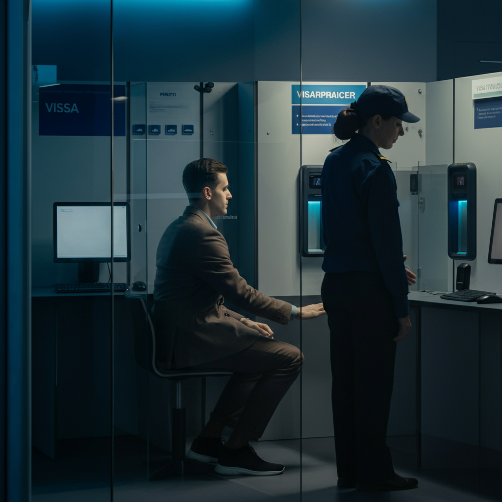 Inside a modern, well-lit visa application center. A person is seated in front of a biometric scanner, placing their hand on the device. A uniformed officer stands nearby, overseeing the process.