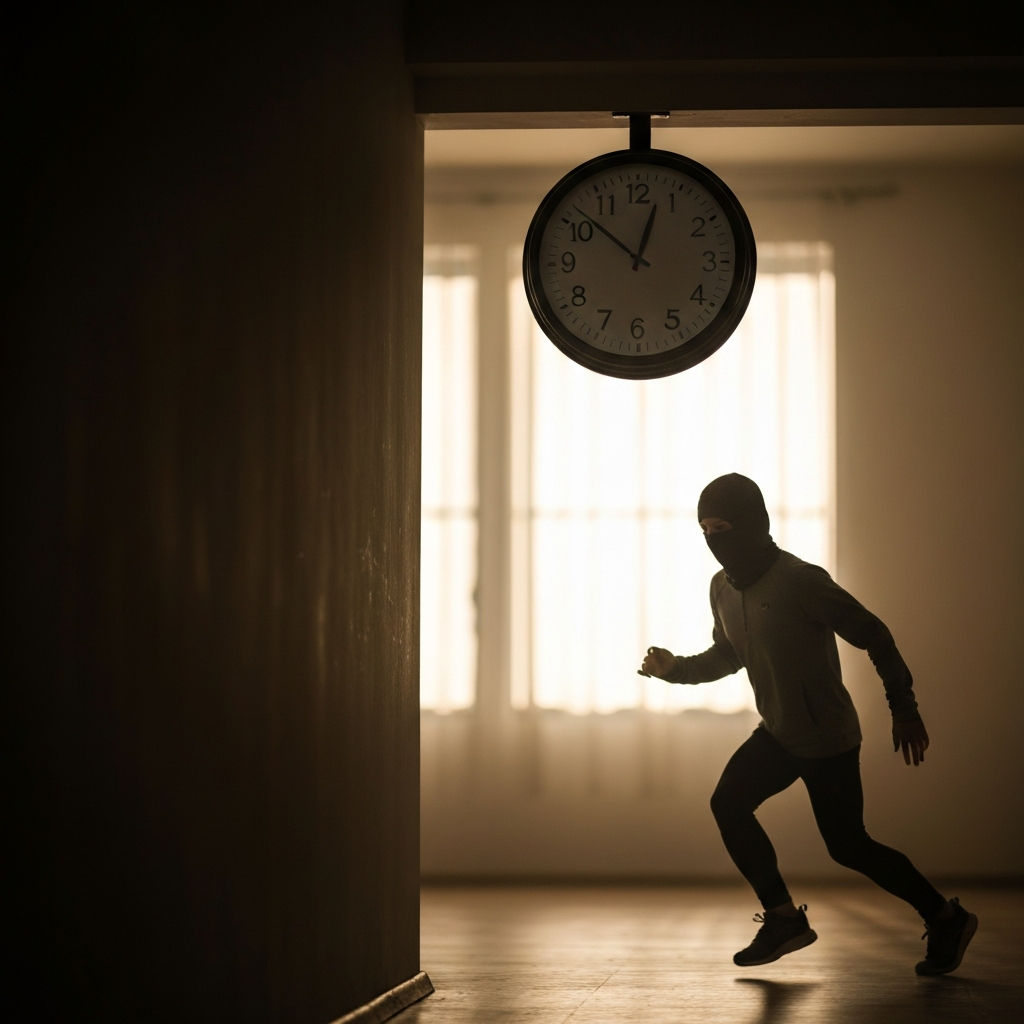 An analog clock hanging on a wall, with the hands slowly ticking. Soft, diffused light creates a sense of calm and anticipation. The background is slightly blurred to emphasize the passage of time.