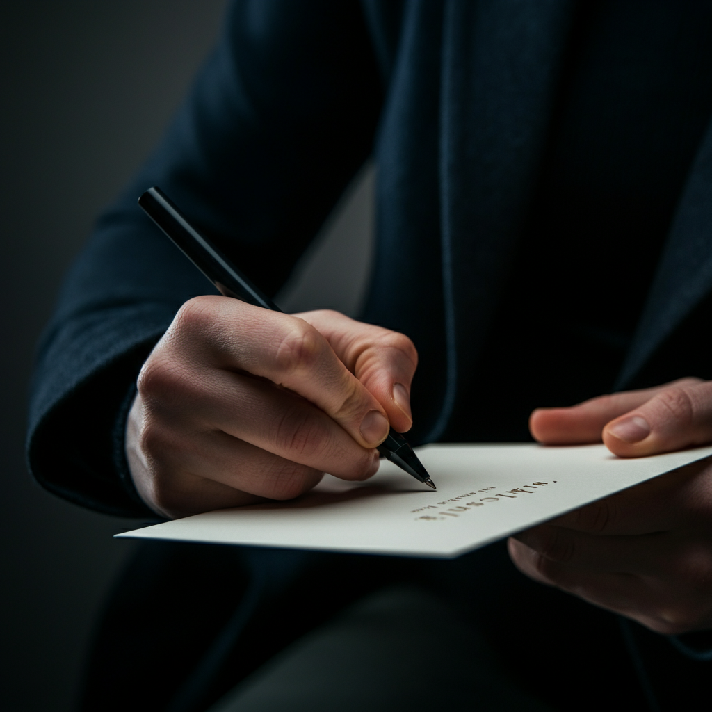 A close-up shot of a hand writing on a sympathy card using a fine-point black pen. Soft, diffused light highlights the texture of the cardstock.