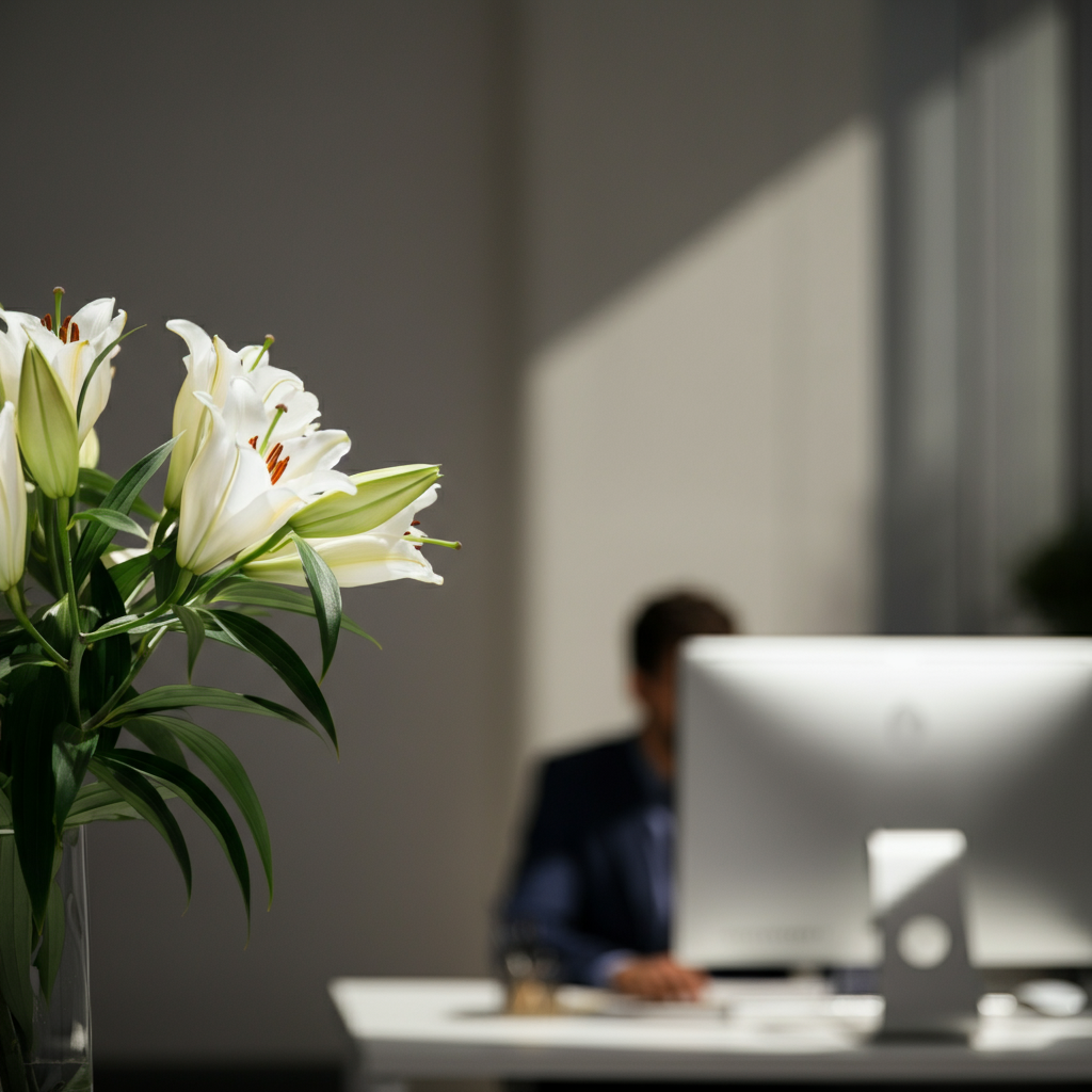 A softly focused shot of a bouquet of white lilies on a desk in a well-lit office. The background is blurred, showing a computer monitor and office supplies.