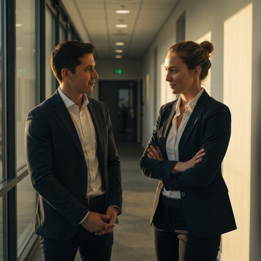 A medium shot of two colleagues talking quietly in an office hallway. Soft, natural light streams in from a nearby window, casting subtle shadows on their faces. Both are wearing professional attire.