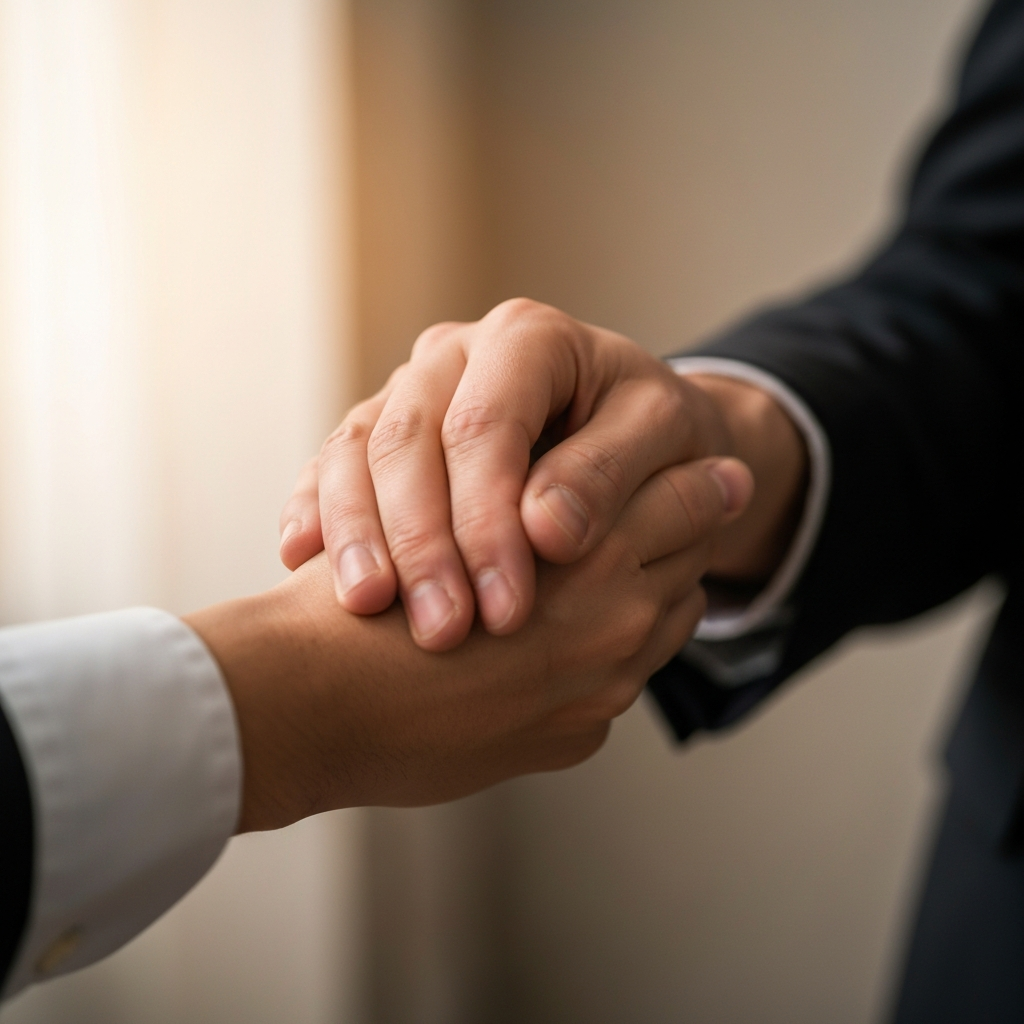 A close-up shot of a hand gently squeezing another hand in a gesture of comfort. The background is blurred, emphasizing the connection between the two individuals. Warm, soft lighting creates a sense of intimacy.