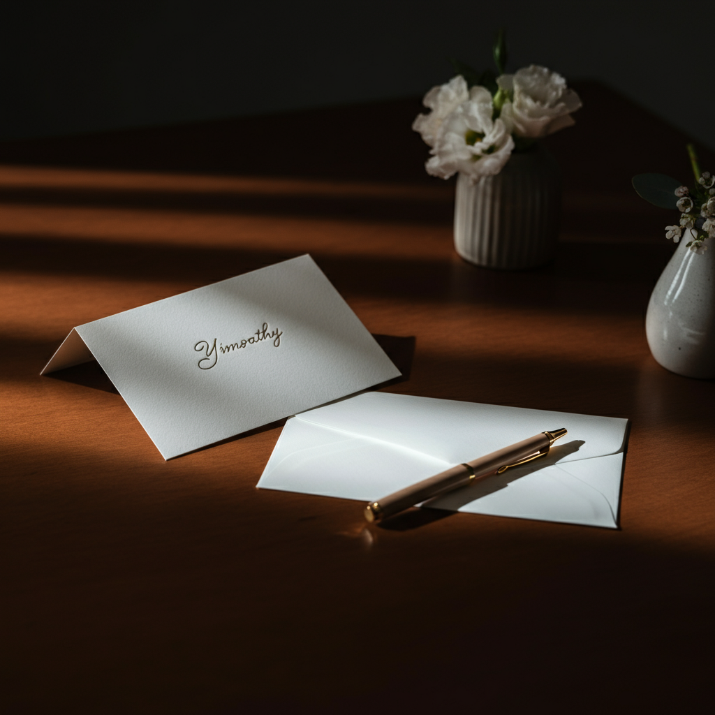 An overhead shot of a desk with a neatly arranged sympathy card, a pen, and a small vase with fresh flowers. The lighting is bright and natural, creating a clean and professional atmosphere.