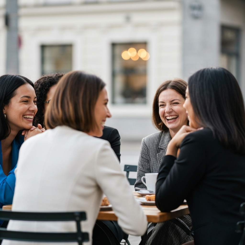 A group of diverse women sitting at an outdoor cafe table, laughing and engaging in a lively conversation. The scene is shot in soft, natural light, with a shallow depth of field that blurs the background, focusing on the expressions of camaraderie and genuine connection between the women.