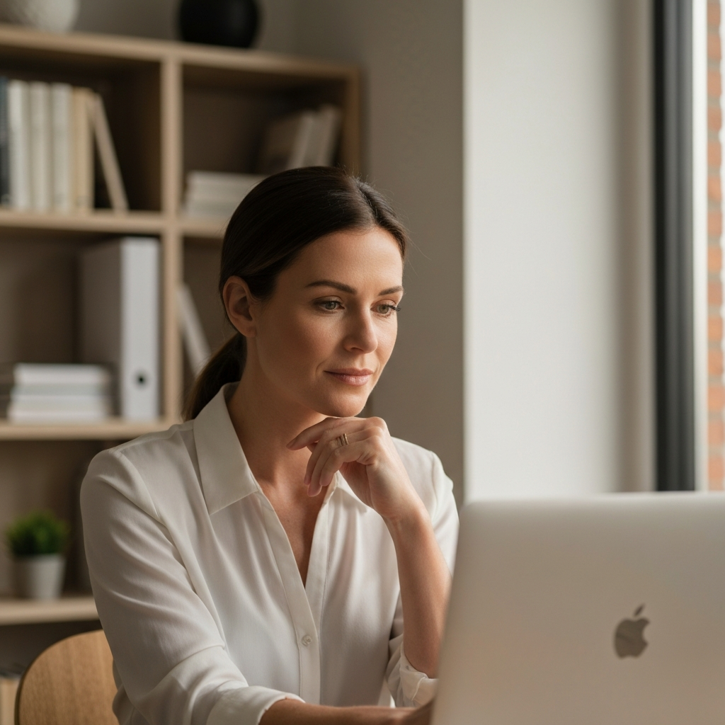 A woman sitting in front of a laptop in a home office. Warm, inviting light from a nearby window illuminates her face. She has a thoughtful, introspective expression as she reviews notes on the screen. Soft bokeh blurs the bookshelf in the background.