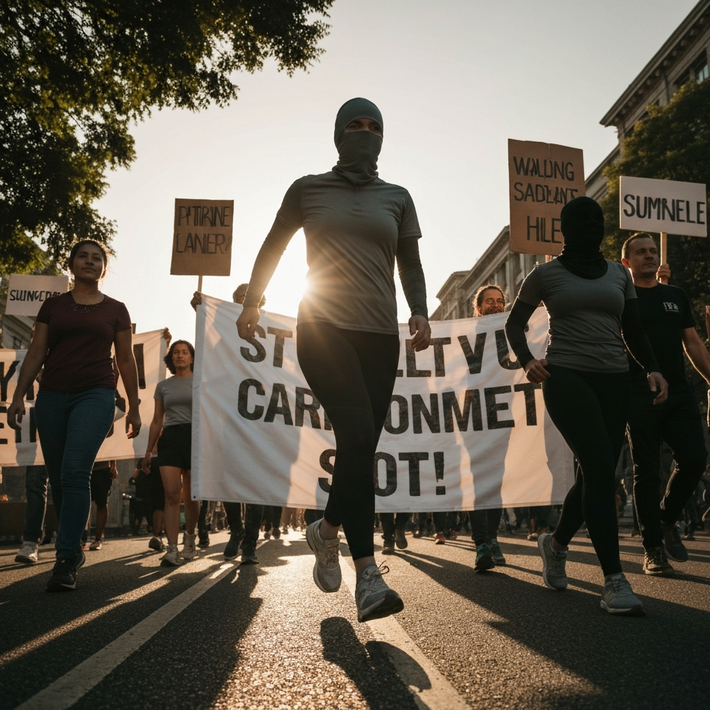 A diverse group of people participating in a peaceful protest march. The scene is shot from a low angle, emphasizing the banners and signs they are holding. The lighting is bright and sunny, creating a sense of hope and determination. The composition is balanced and conveys a message of solidarity and unity.