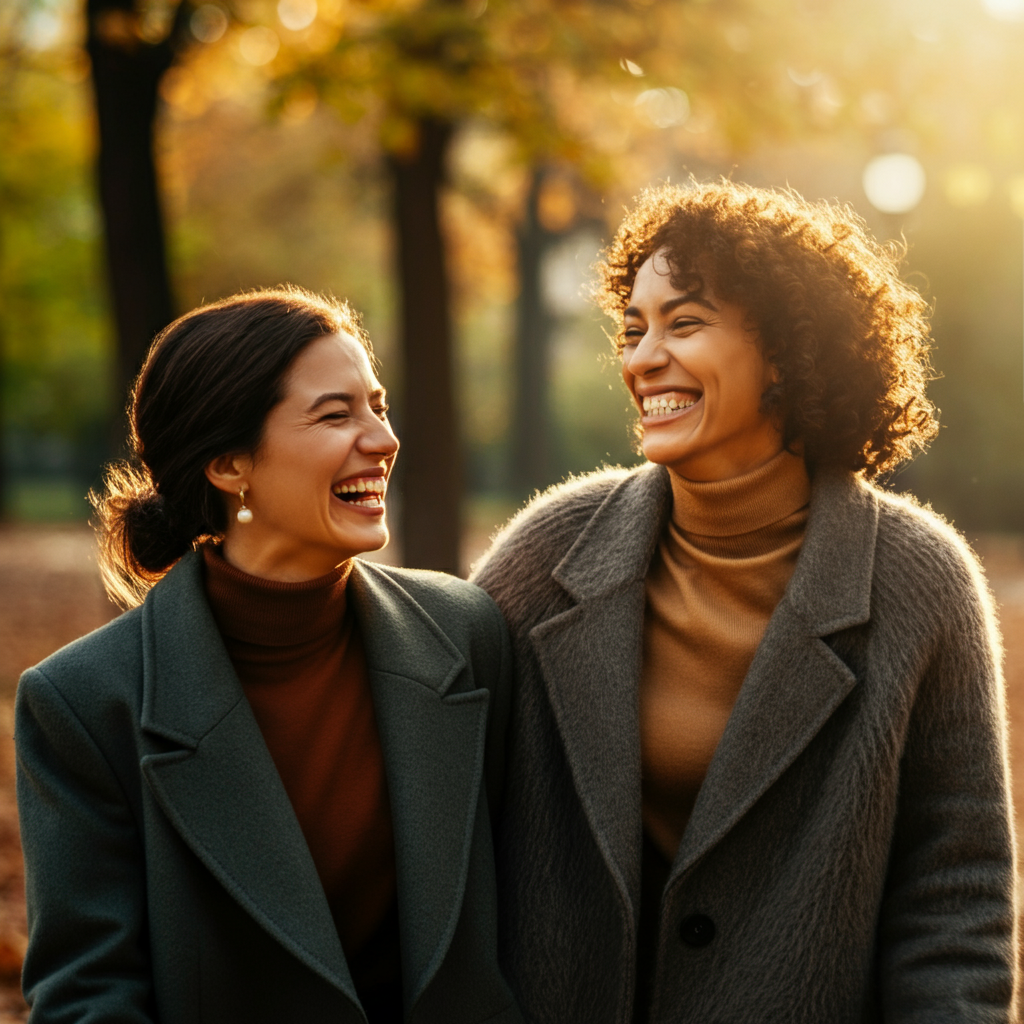 Two women laughing together while walking through a park filled with autumn leaves. The scene is bathed in golden hour lighting, creating a warm and inviting atmosphere. The focus is on their genuine smiles and the sense of joy they share.