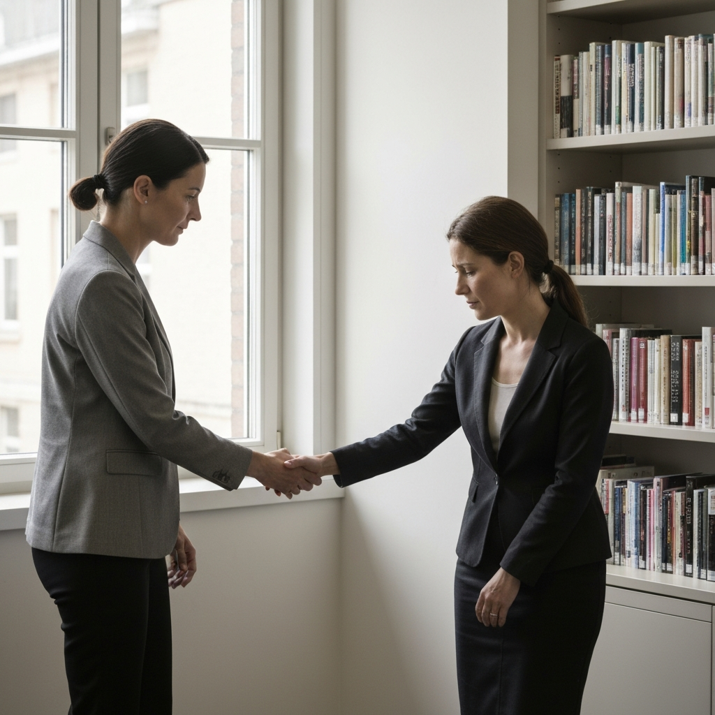 A woman offering a comforting hand to another woman who appears distressed. The setting is a quiet corner in a library, with soft, diffused light filtering through the windows. The focus is on the subtle gestures of support and compassion conveyed through their body language.
