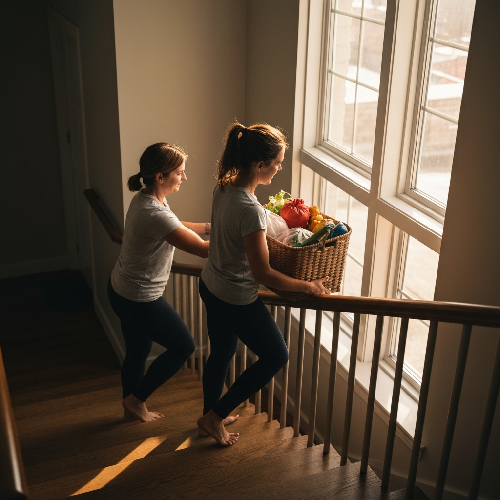 A woman helping another woman carry groceries up a flight of stairs. The scene is shot from a slightly elevated angle, highlighting the effort and the act of assistance. Natural light streams in from a nearby window, creating a sense of realism.