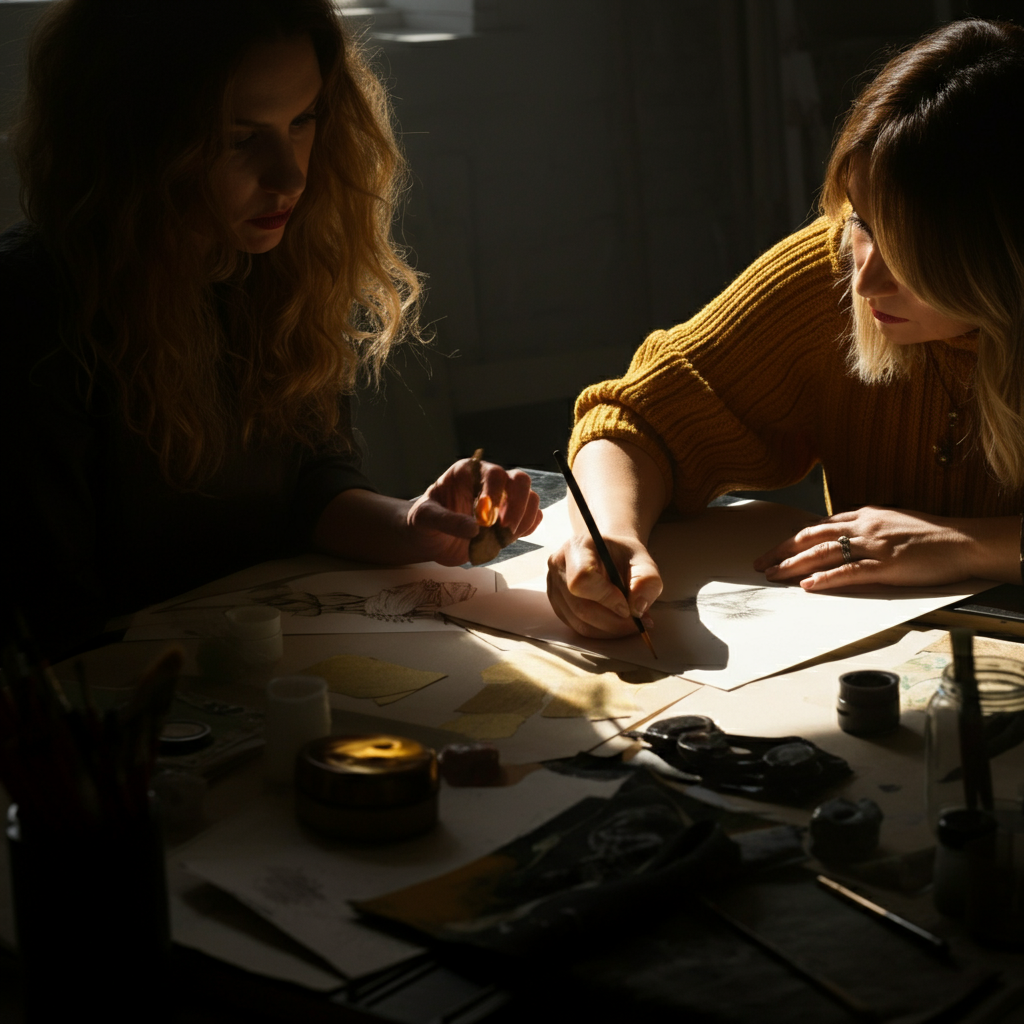 Two women working side-by-side on a creative project in a sunlit studio. The focus is on their shared workspace, showcasing art supplies, sketches, and collaborative tools. The lighting is bright and airy, reflecting the energy and creativity of their partnership.
