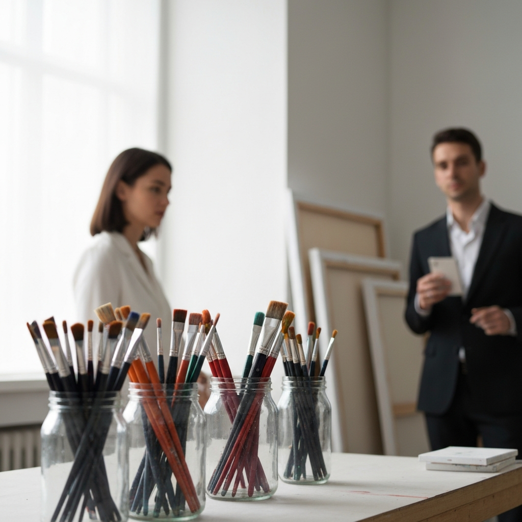 A brightly lit art studio. Jars of colorful paintbrushes are neatly arranged on a table. In the background, partially completed canvases lean against the wall. Soft bokeh creates a sense of depth.