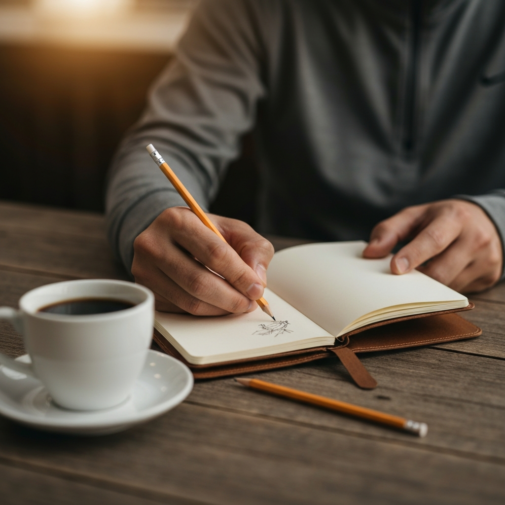 A person's hands sketching in a small, leather-bound sketchbook. The background is slightly blurred, but a cup of coffee and a simple pencil are visible on the wooden table.