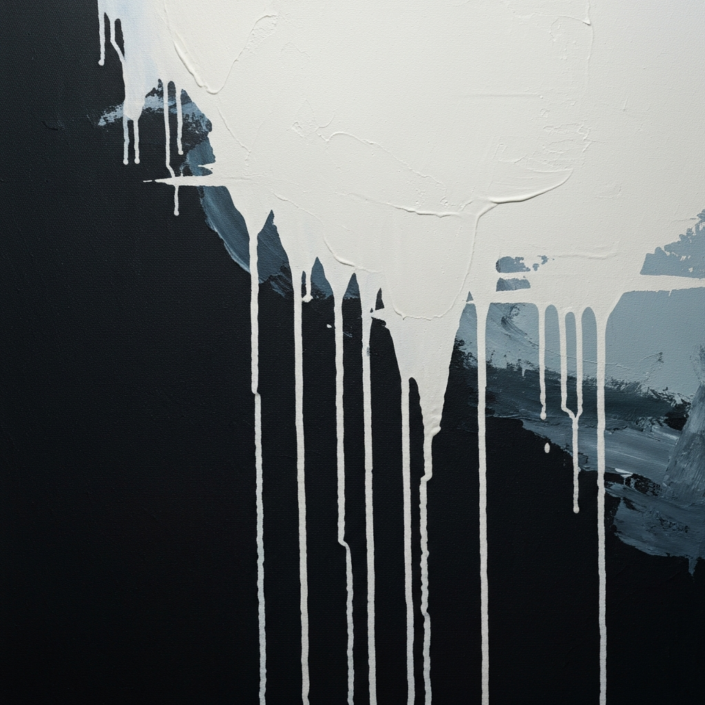 A partially finished abstract painting with visible brushstrokes and drips of paint. The lighting is soft and even, highlighting the textures of the canvas.