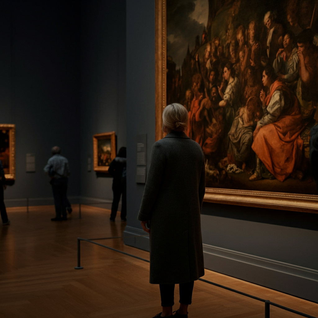 A person standing in an art museum, gazing at a large oil painting. The lighting is dim and atmospheric, highlighting the texture and detail of the artwork. Other visitors are visible in the background, creating a sense of scale.
