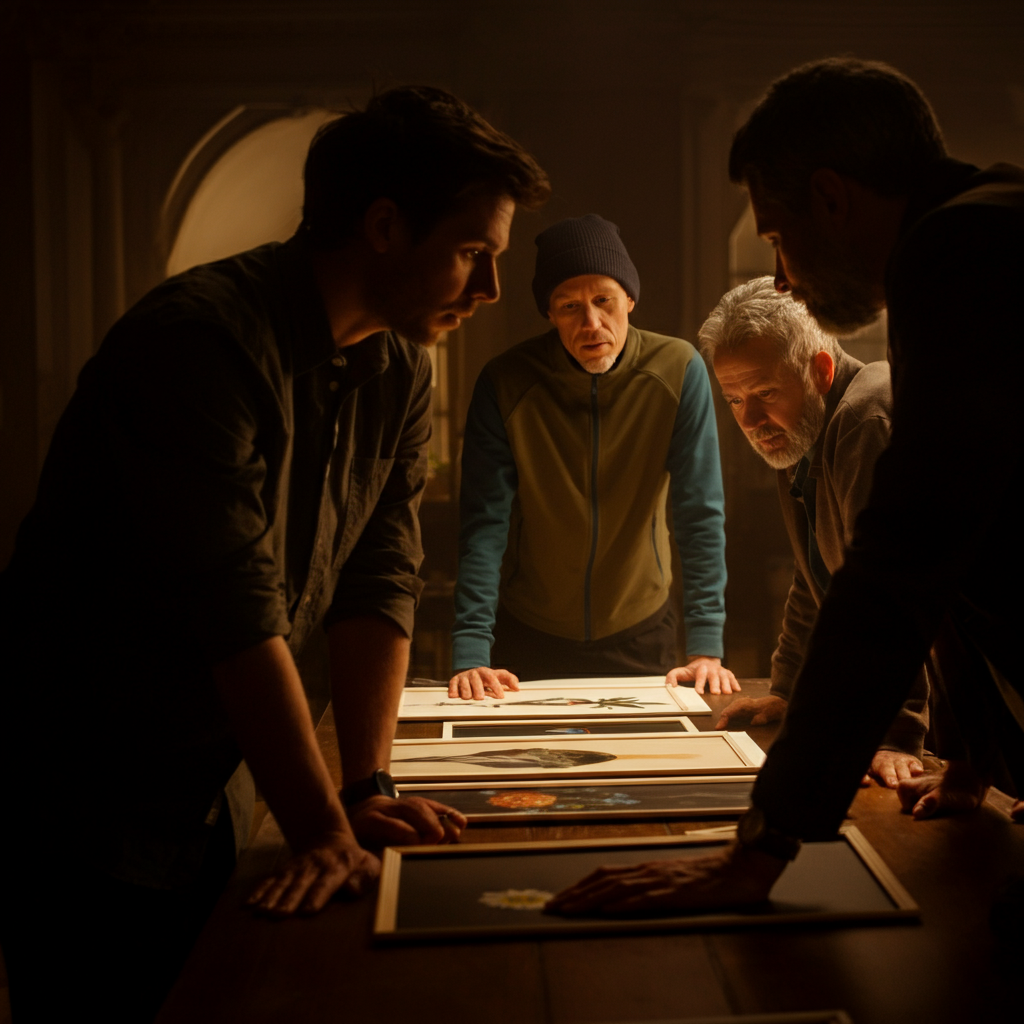 A group of people gathered around a table, looking at artwork displayed on the surface. The lighting is warm and inviting, creating a comfortable and supportive atmosphere.
