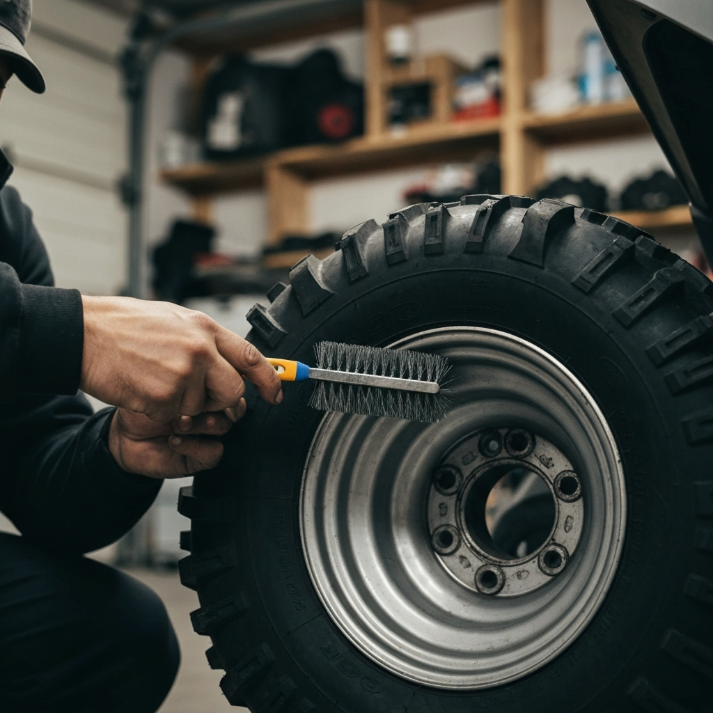 Close-up shot of a mechanic's hands using a wire brush to clean the rim of an ATV wheel, with soft bokeh in the background showcasing a cluttered garage.