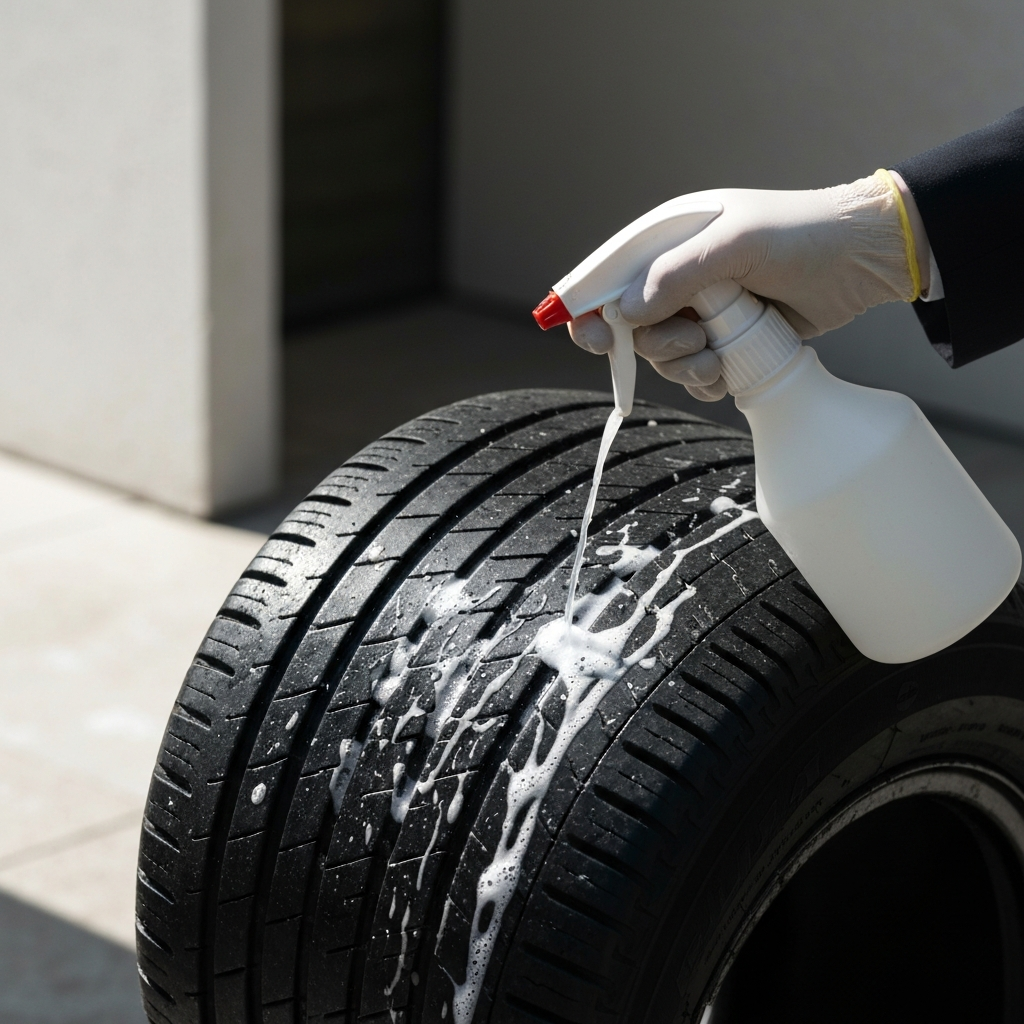 Side-lit shot of a tire lying on the ground, with a gloved hand applying soapy water from a spray bottle onto the tire bead. Focus is on the texture of the tire and the soapy water.
