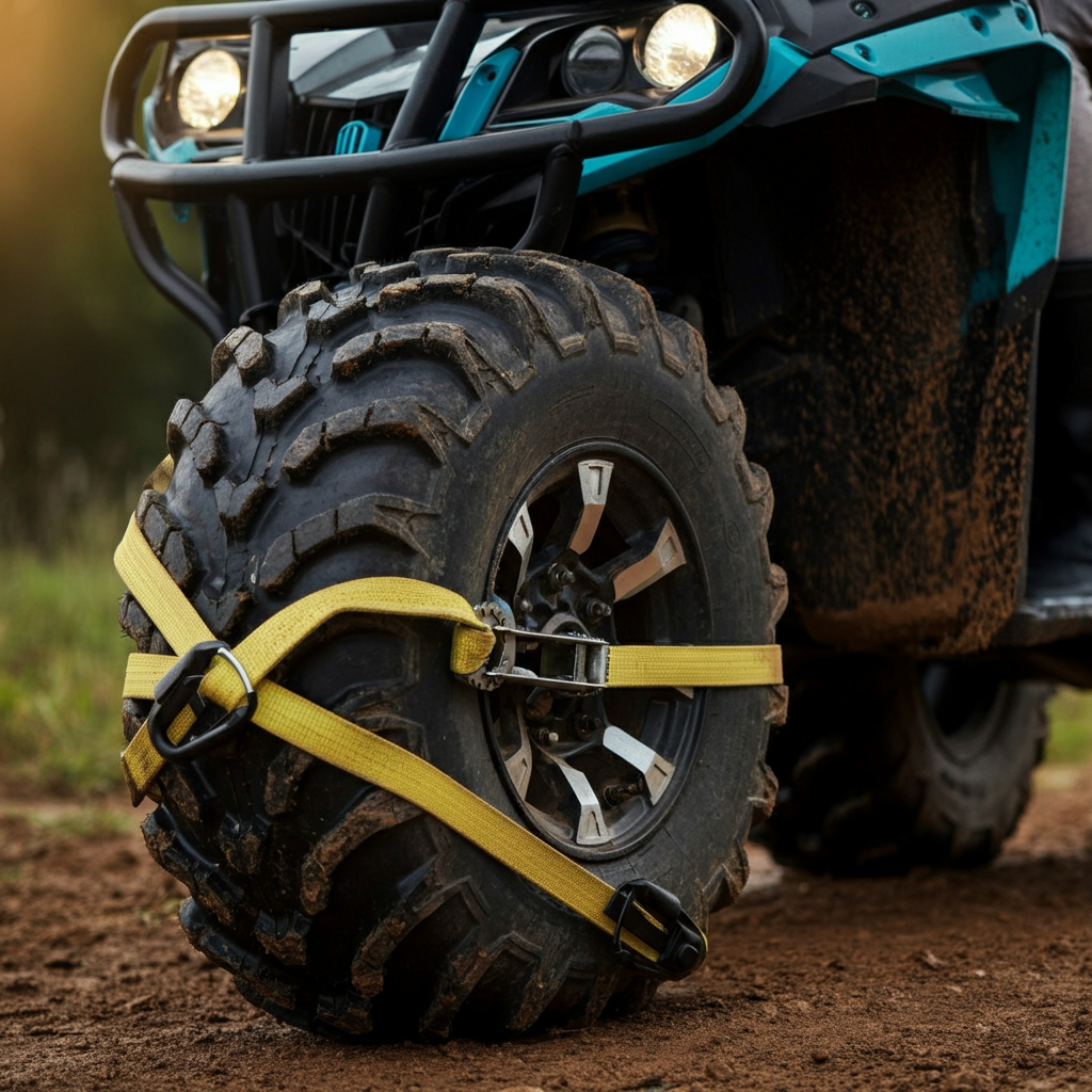 An ATV tire with a ratchet strap secured around it, partially tightened. The image is taken from a slightly elevated angle, showing the tension in the strap and the texture of the tire tread.