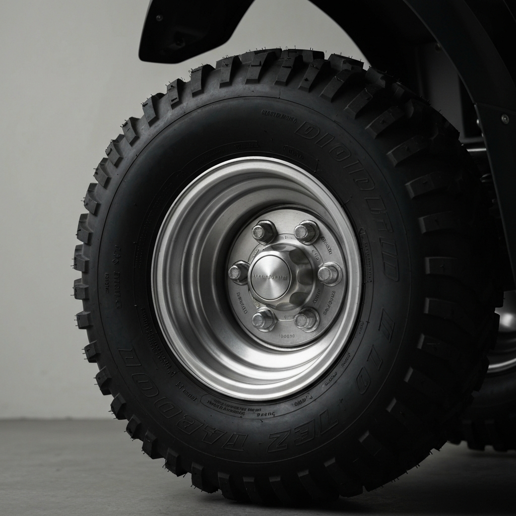 Low-angle shot of a properly seated ATV tire, with the rim and tire bead clearly visible. The lighting is soft, highlighting the clean lines of the wheel.