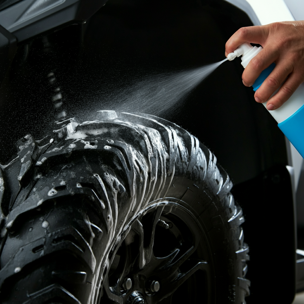 Close-up shot of a hand spraying soapy water around the bead of an ATV tire. The focus is on the bubbles forming, indicating a potential leak.