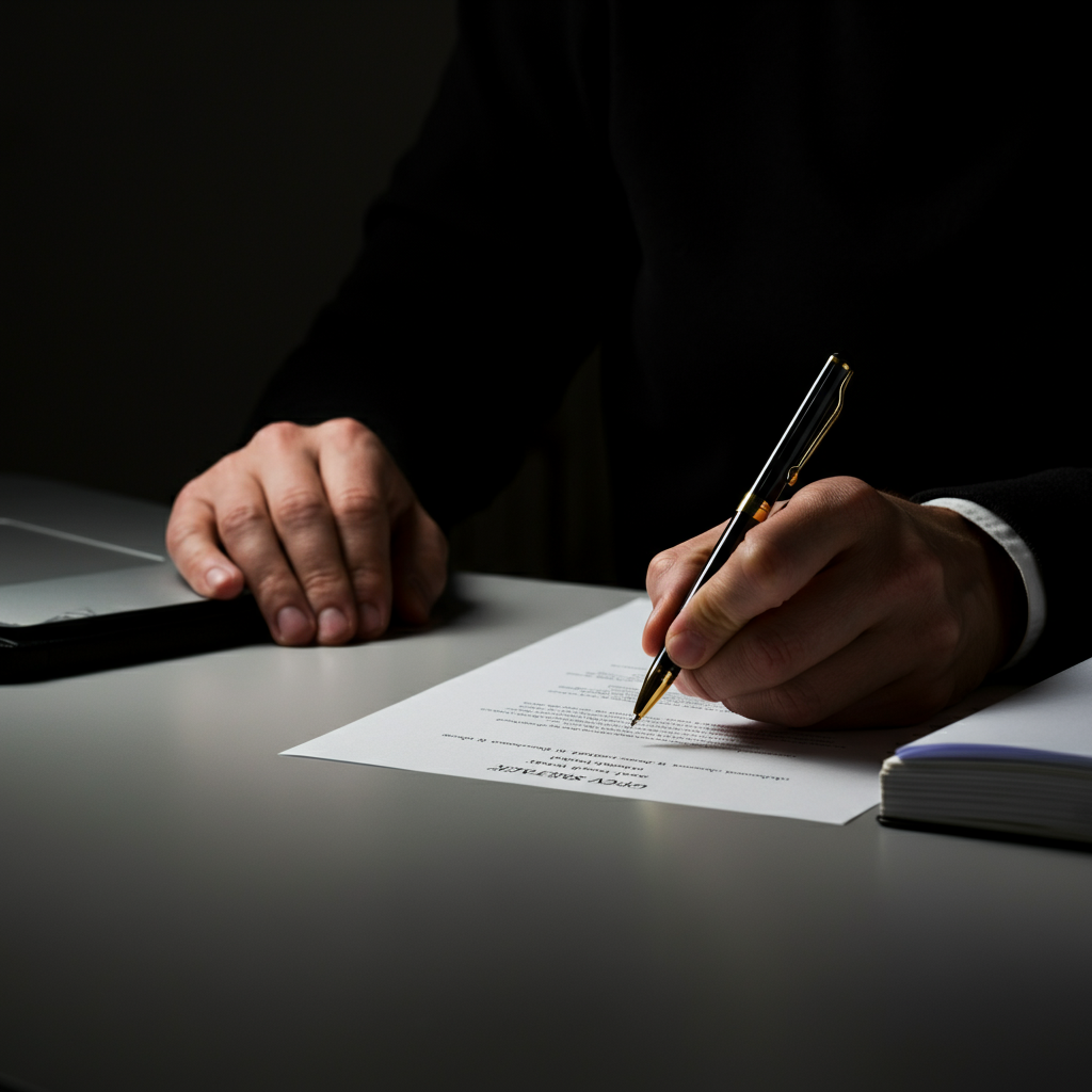 A hand carefully writing down recovery codes on a piece of paper, with a pen and notebook on a clean, well-lit desk.