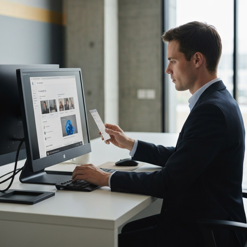 A person in a professional attire sitting at a computer in a modern office, reviewing the "Security info" page of their Microsoft work account dashboard, with a focused expression.