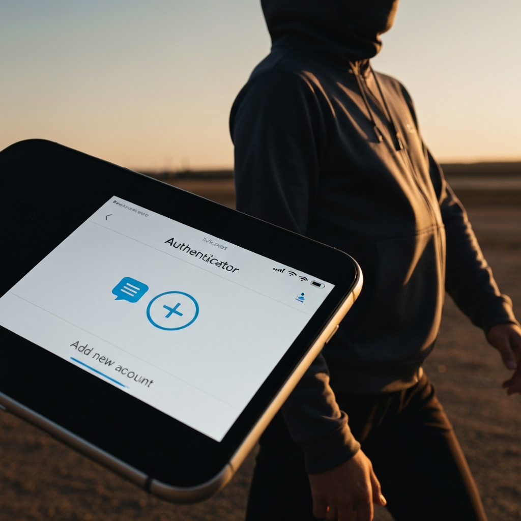 A smartphone displaying the Microsoft Authenticator app with the "+" icon highlighted, ready to add a new account, with soft, ambient lighting.