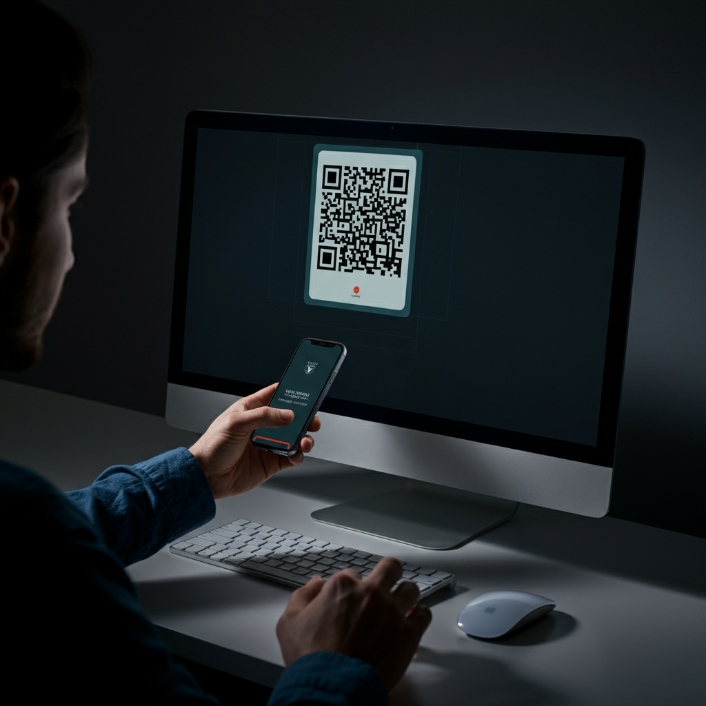 A person holding their smartphone, scanning a QR code displayed on a computer monitor, with focused and professional body language.