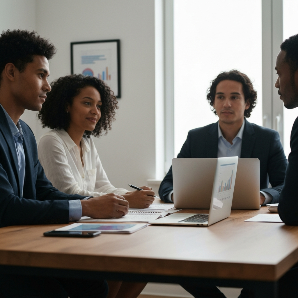 A diverse group of professionals sitting around a conference table, each looking attentively at a presentation. Soft, diffused light illuminates their faces, highlighting the texture of their clothing and the polished surface of the table. A laptop sits open in front of one participant, displaying a graph.