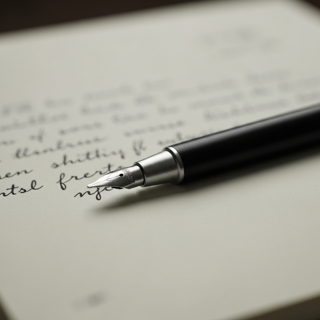 A close-up shot of a pen resting on a notepad, with handwritten notes visible in the background. The lighting is focused and crisp, highlighting the texture of the paper and the detail of the pen's nib. The notepad is slightly worn, suggesting it's been well-used.