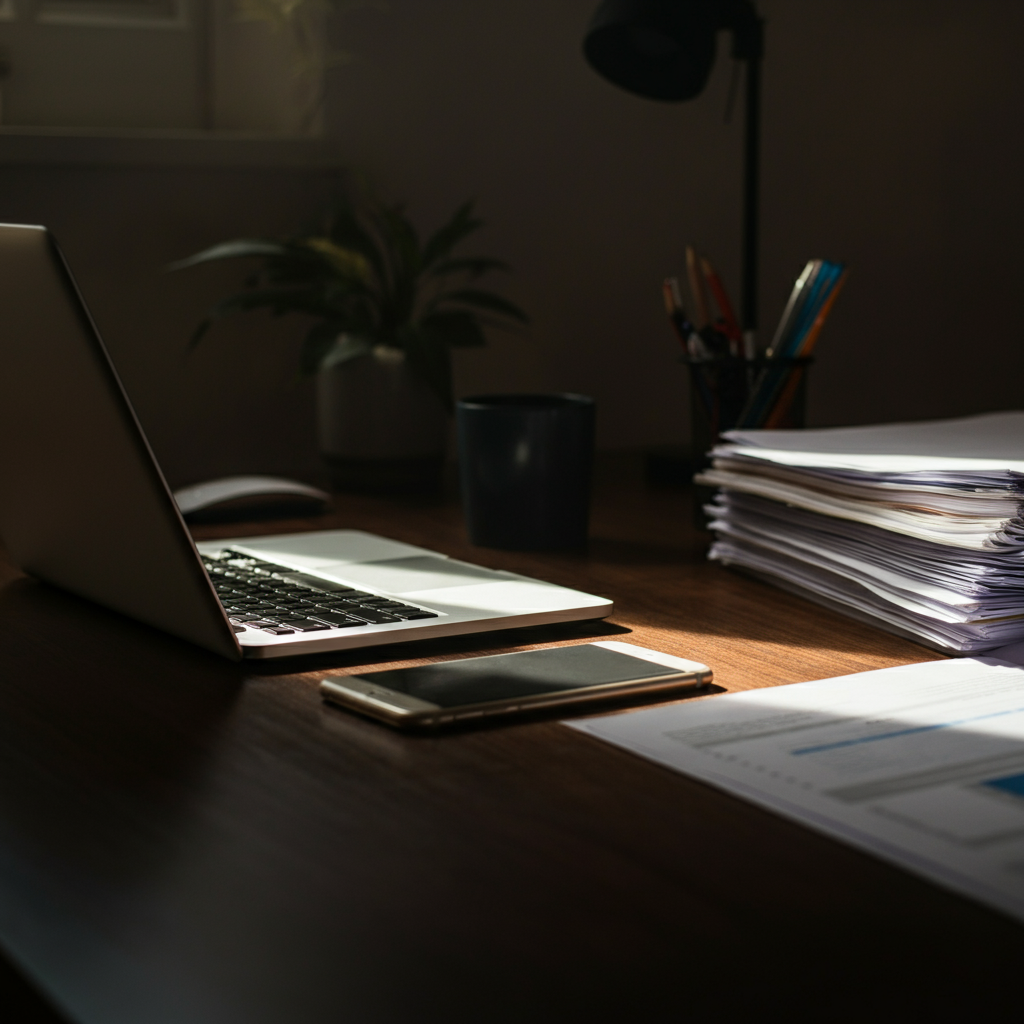 A well-organized desk with a laptop, a smartphone, and a stack of papers. The light is soft and natural, casting subtle shadows on the various items. The scene conveys a sense of productivity and efficiency.