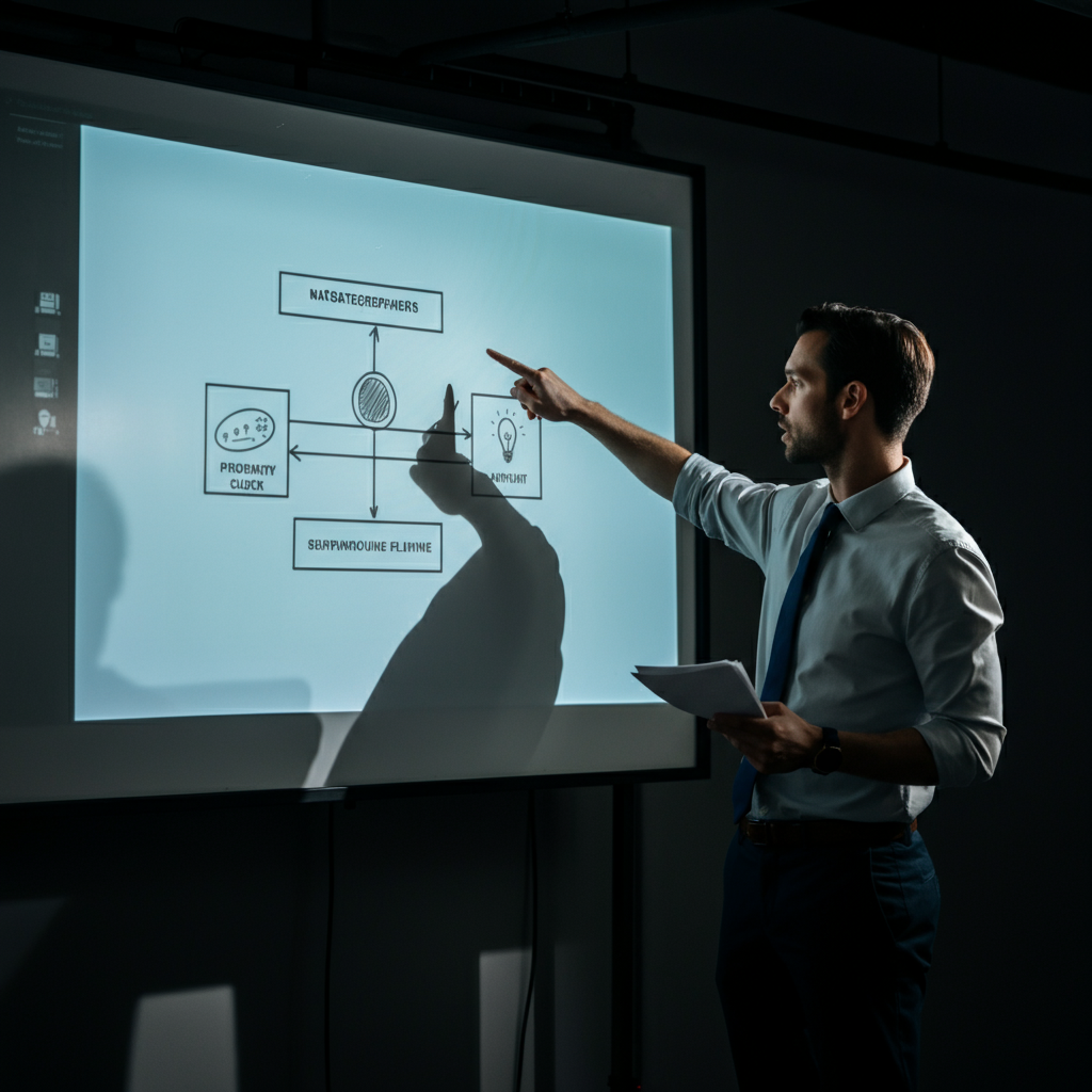 A person giving a presentation in a bright, modern office. They are pointing to a slide on a large screen, which displays a well-structured outline. The lighting is even and professional, highlighting the speaker's confident posture and the clarity of the presentation.