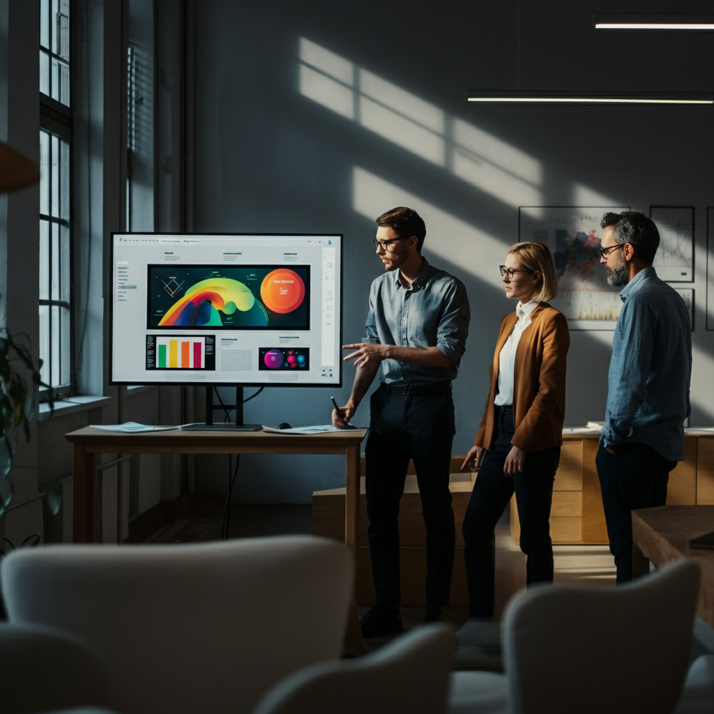 A team of designers collaborating on a project. They are gathered around a large monitor displaying a vibrant infographic. Natural light streams in through a nearby window, illuminating the team's focused expressions and the details of the design.