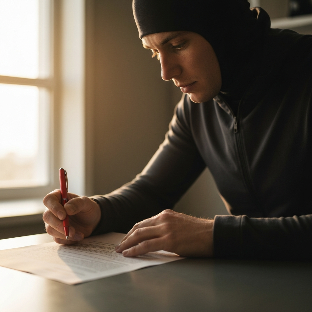 A person sitting at a desk, carefully reviewing a document with a red pen in hand. The light is focused and bright, highlighting the details of the text and the person's intent gaze. The scene conveys a sense of thoroughness and attention to detail.