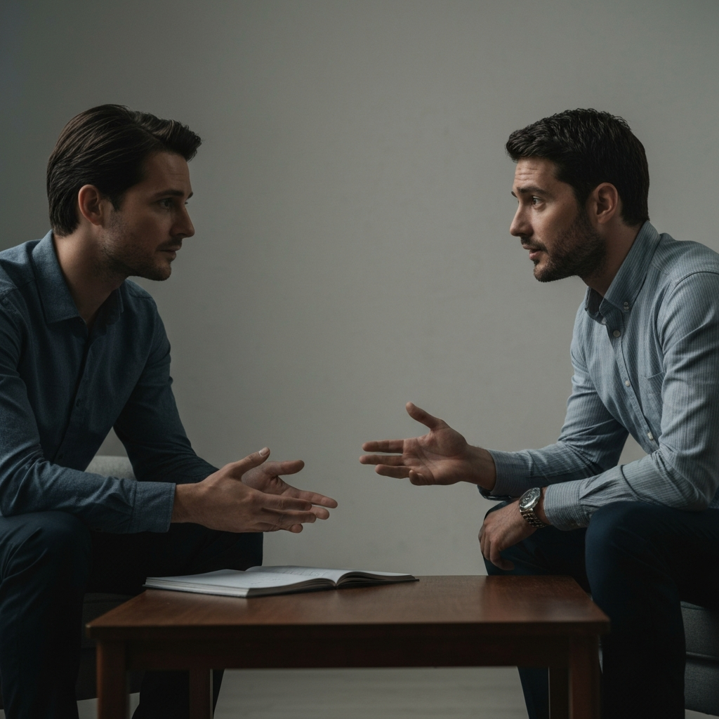 Two people engaged in a deep conversation, sitting across from each other at a coffee table. Soft, ambient light illuminates their faces, highlighting their attentive expressions and the subtle textures of their clothing. The scene conveys a sense of connection and understanding.