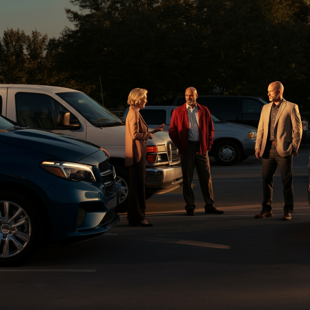 A group of parents standing near minivans in a school parking lot, engaged in conversation. Golden hour lighting casts warm shadows, creating a sense of community and shared responsibility. The scene suggests a carpool arrangement.