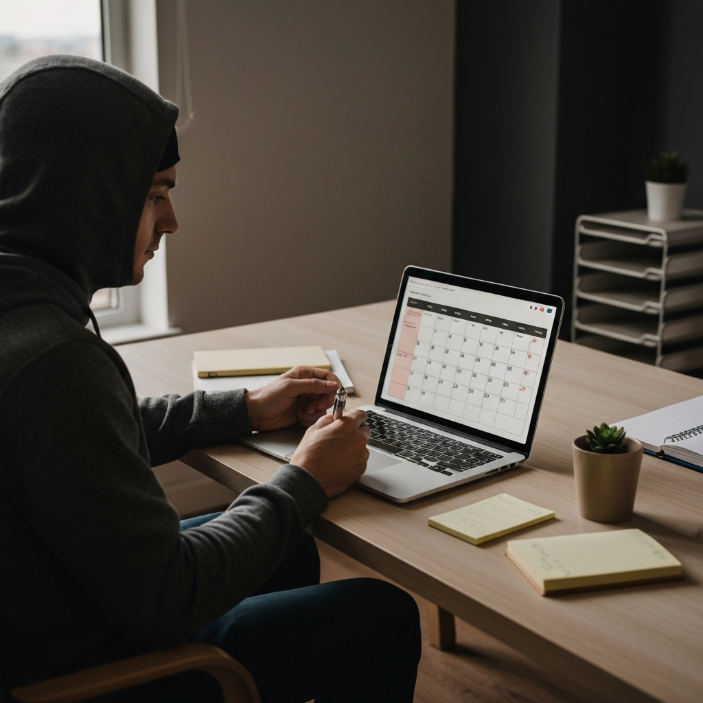 A parent sitting at a desk, reviewing a digital calendar on a laptop. They are making notes and adjustments to the schedule. The desk is tidy and organized, suggesting a focused and intentional approach to time management.