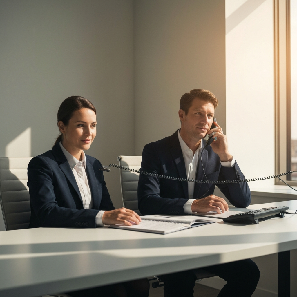 A well-dressed individual sits at a clean desk, confidently speaking on a phone headset. Sunlight streams through a window, casting a warm glow. The background is slightly blurred, showcasing a modern office environment.