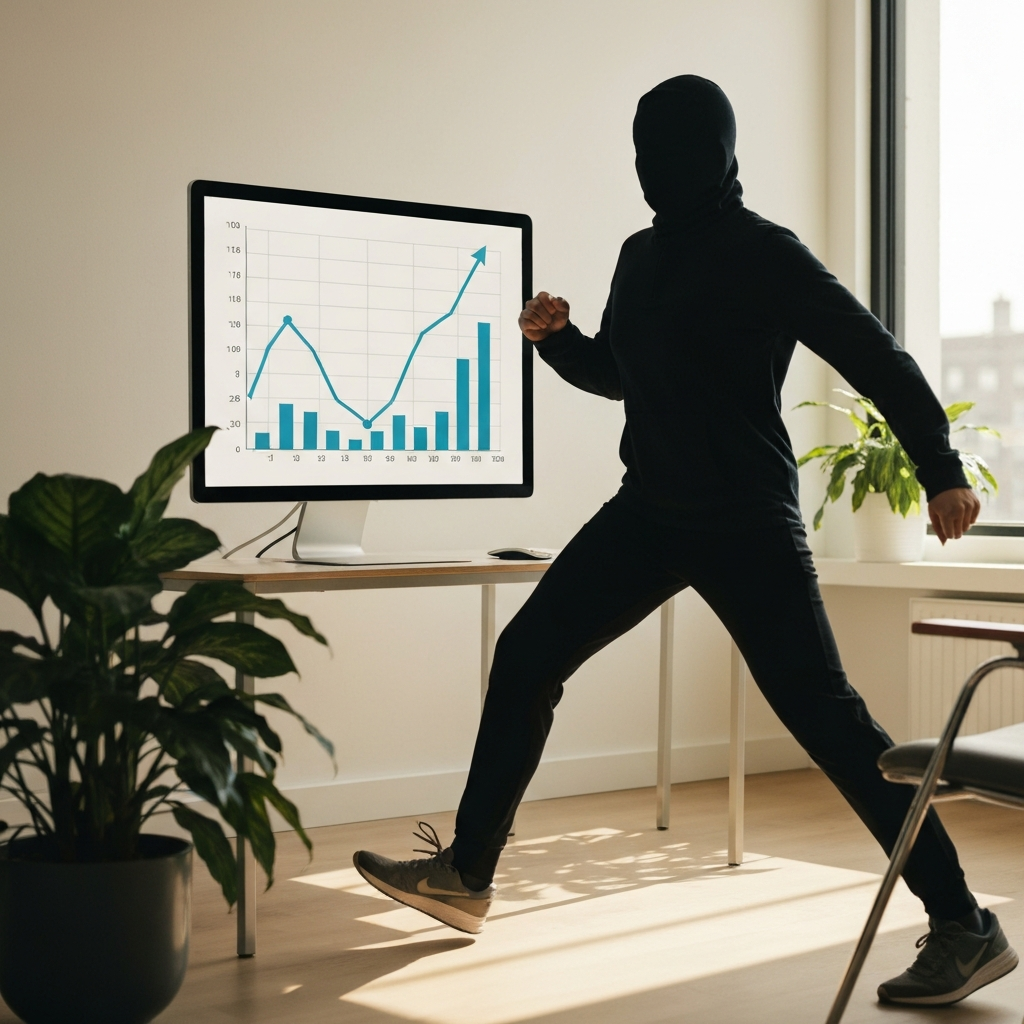A graph showing upward trends, subtly displayed on a large monitor in a brightly lit office. The focus is on the graph's data points and smooth curves. The room contains minimalist furniture and healthy potted plants.