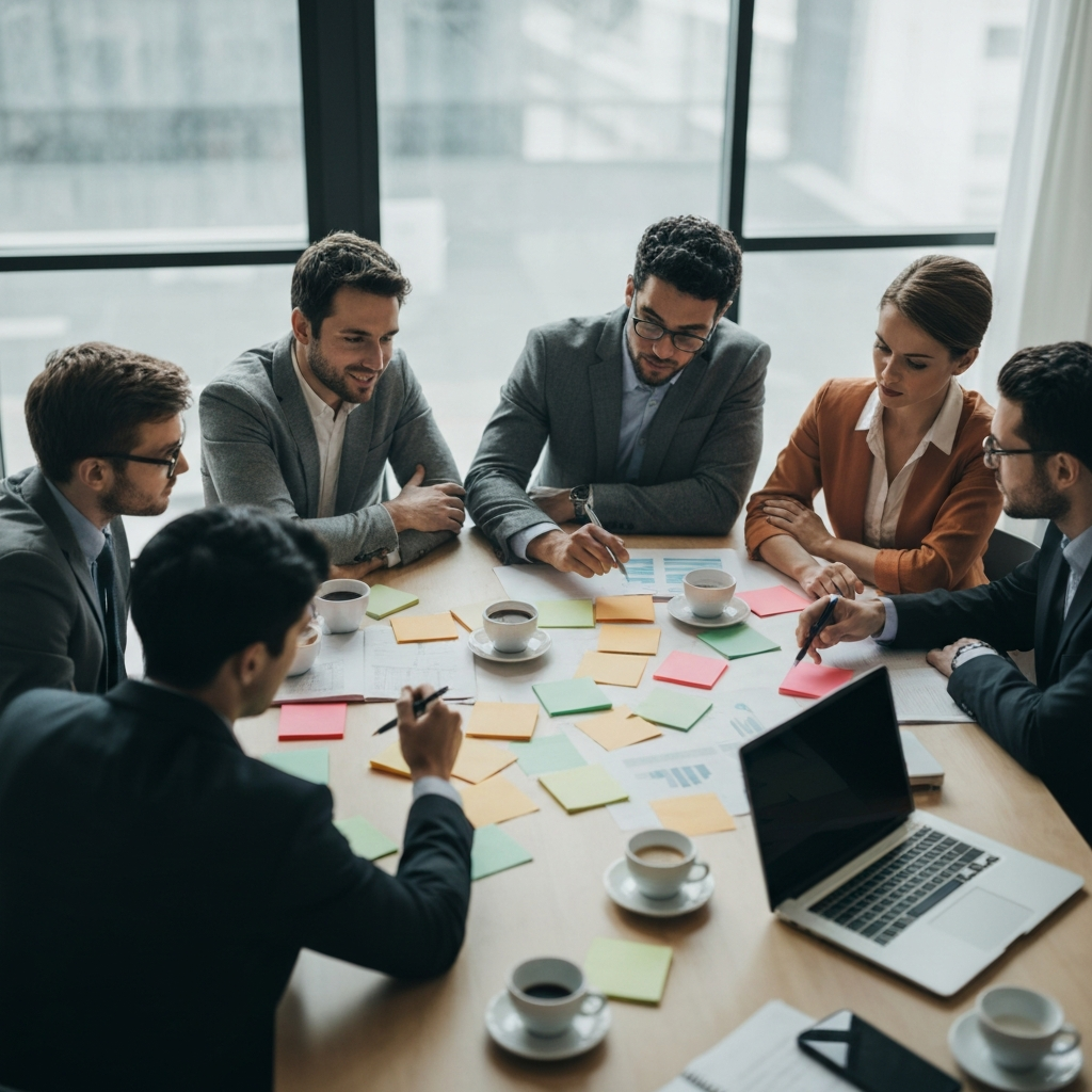 A group of diverse professionals brainstorming around a large table covered with sticky notes. Natural light illuminates their engaged faces and collaborative posture. Coffee cups and laptops are scattered on the table.