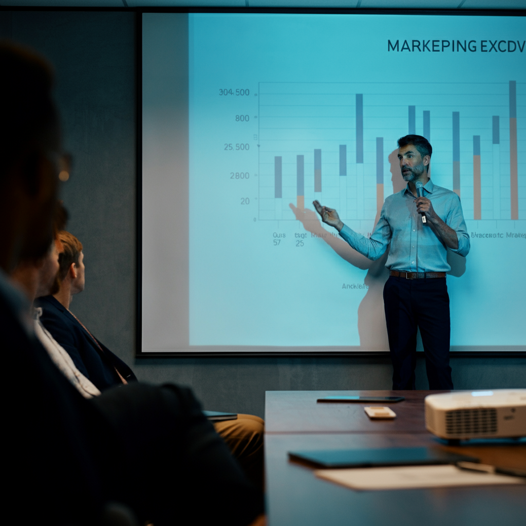 An entrepreneur giving a confident presentation to a small group of people in a modern conference room. The projector displays a clear marketing chart. Soft bokeh blurs the background details.
