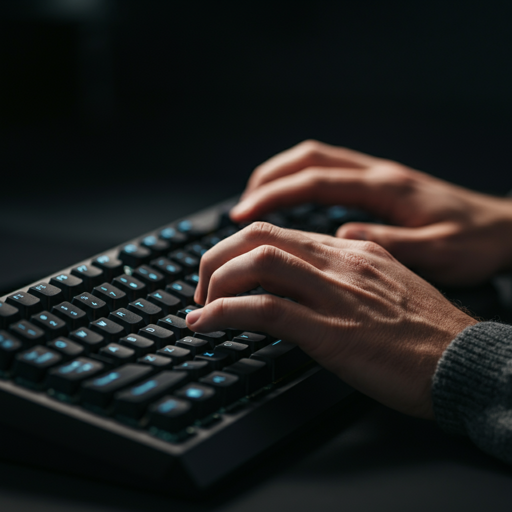 A close-up of fingers typing rapidly on a high-end mechanical keyboard. Soft, diffused lighting highlights the keycaps and the user's focused hand movements. The background is intentionally blurred to emphasize the act of coding or writing.