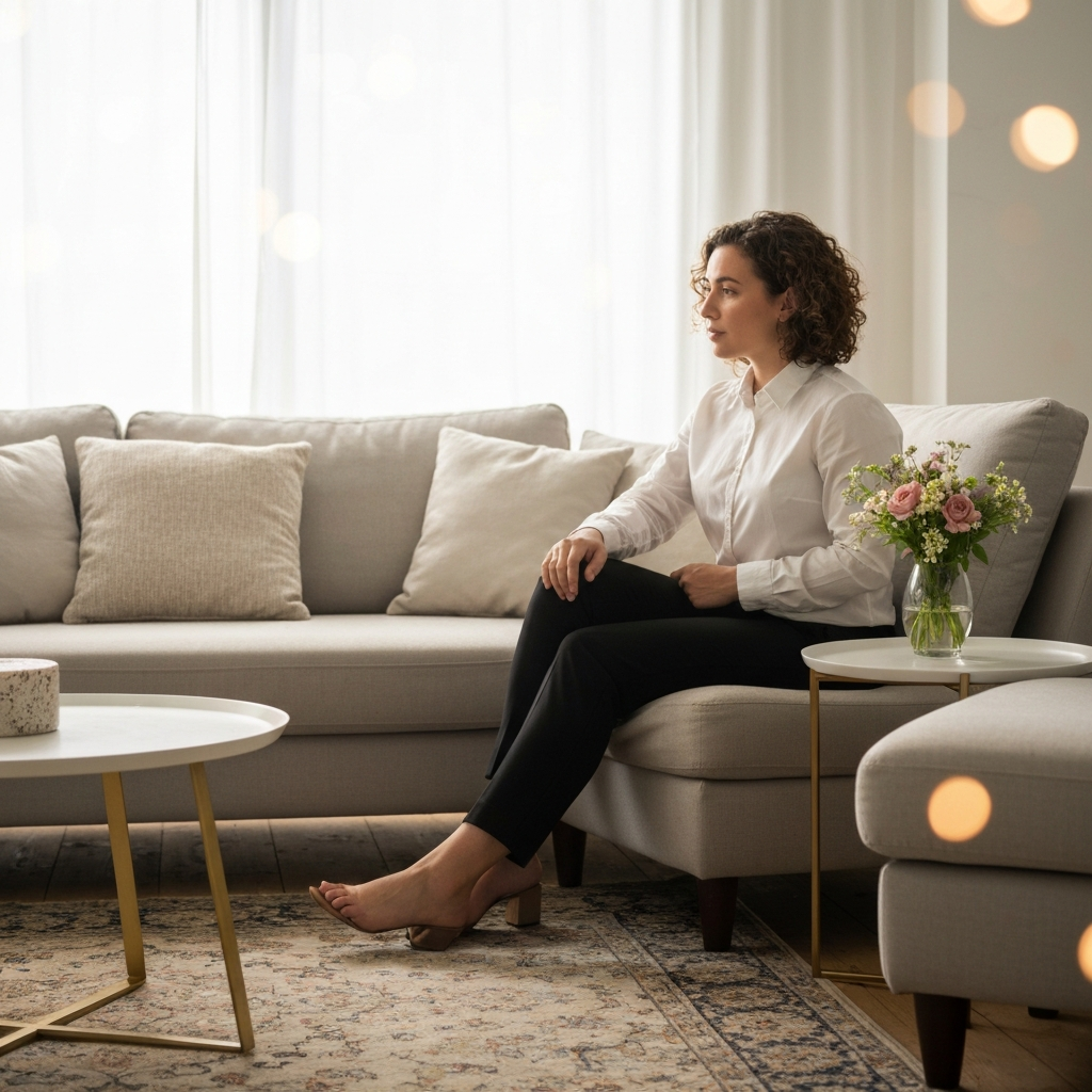 A brightly lit living room, rearranged for a party. Soft textures on the couch pillows and a patterned rug. A side table holds a small vase of fresh flowers. Soft bokeh in the background.