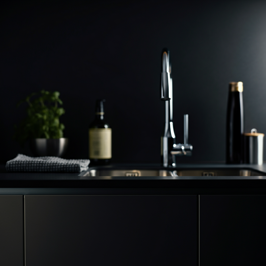Close-up shot of sparkling clean kitchen countertop. Stainless steel appliances gleam under soft lighting. A small dish towel is neatly folded beside the sink. Shallow depth of field.