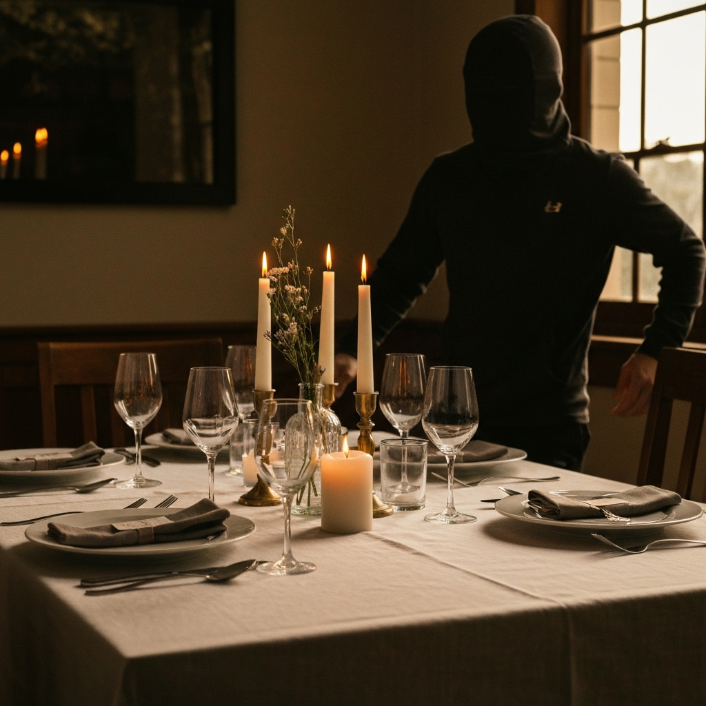 A warmly lit dining table set for a dinner party. Candles are flickering, casting soft shadows. Simple, elegant centerpieces adorn the table. Table linens have a fine texture.