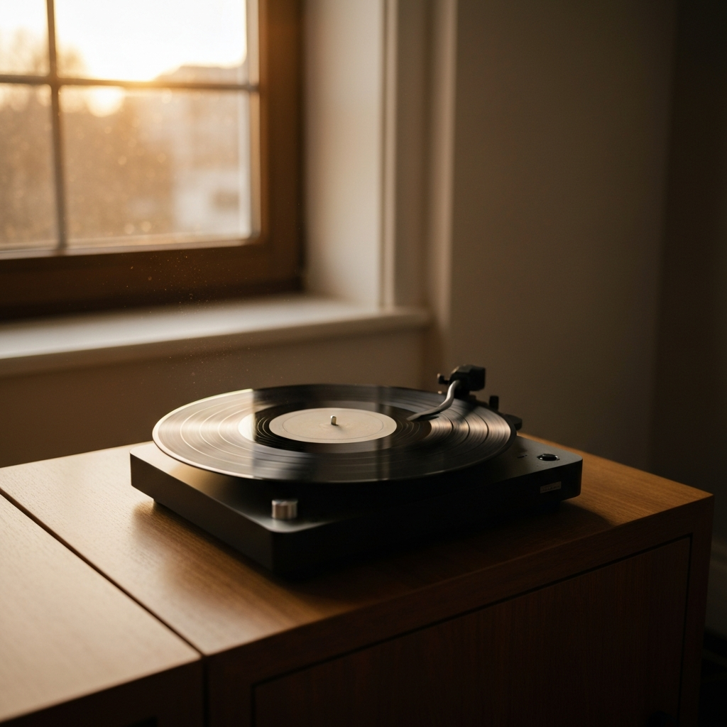 A vinyl record player spinning on a wooden console. Golden hour lighting from a nearby window illuminates the dust particles in the air. Soft focus.