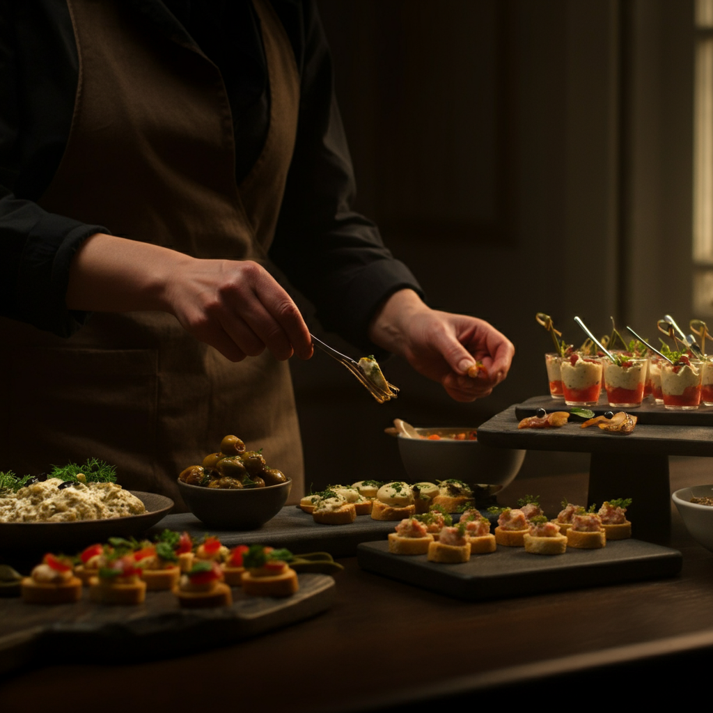A buffet table laden with colorful appetizers. A variety of textures and shapes creates visual interest. Natural light streams in from a nearby window, highlighting the freshness of the food.