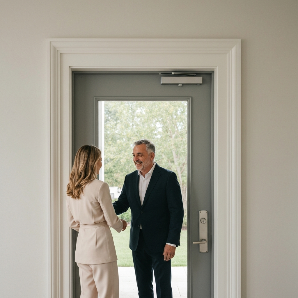 A host warmly greeting a guest at the door. A genuine smile is visible on the host's face. The entryway is well-lit and inviting.