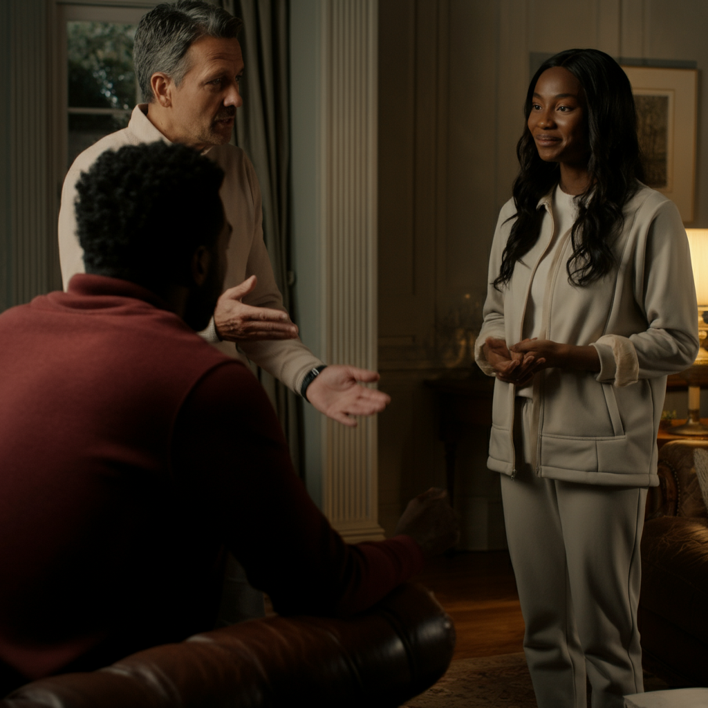 Two guests engaged in conversation, with the host gesturing warmly towards them. The setting is a softly lit living room. Body language is open and friendly.