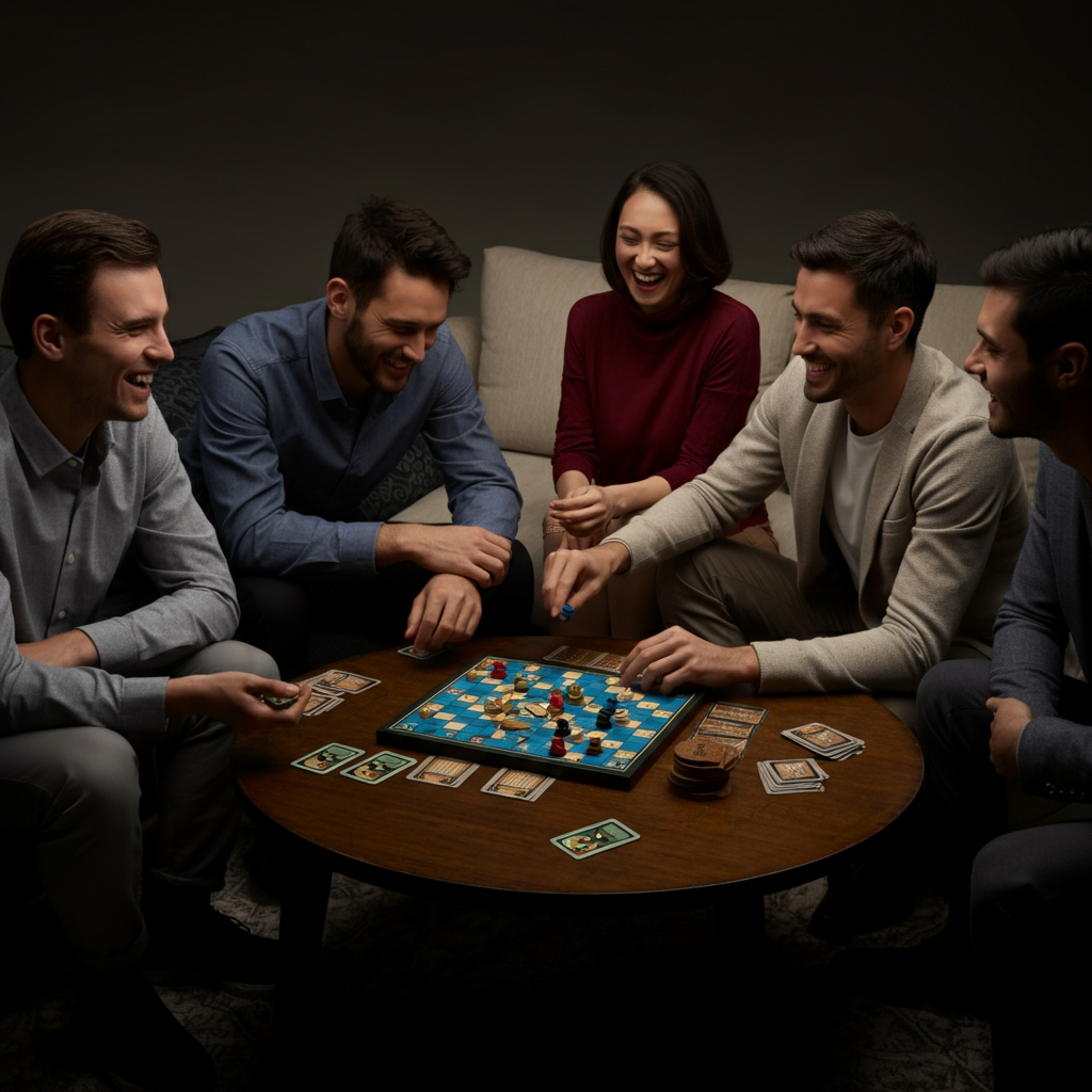 A group of people playing a board game around a coffee table. Laughter and smiles are visible on their faces. Soft, diffused lighting.